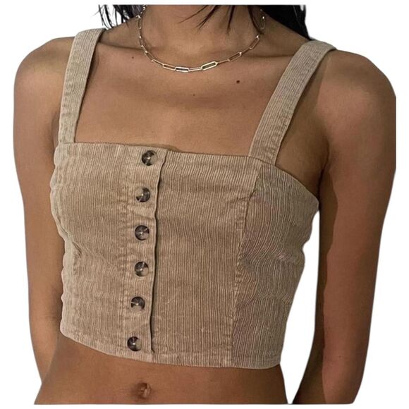 Forever 21 Crop Top Womens Small Tan Sage Corduroy Button Front Back Zip Lot 2 - Picture 2 of 12